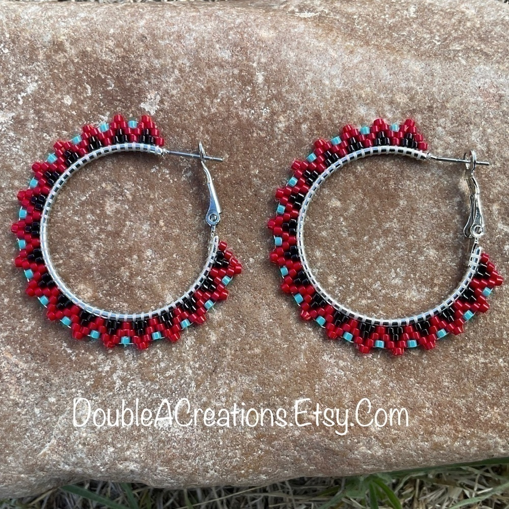 Red and Turquoise Beaded 1 1/4” Hoops, Handmade